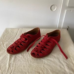 Gladiator leather Frye flats shoes no heel straps ties red suede bow size 9 39